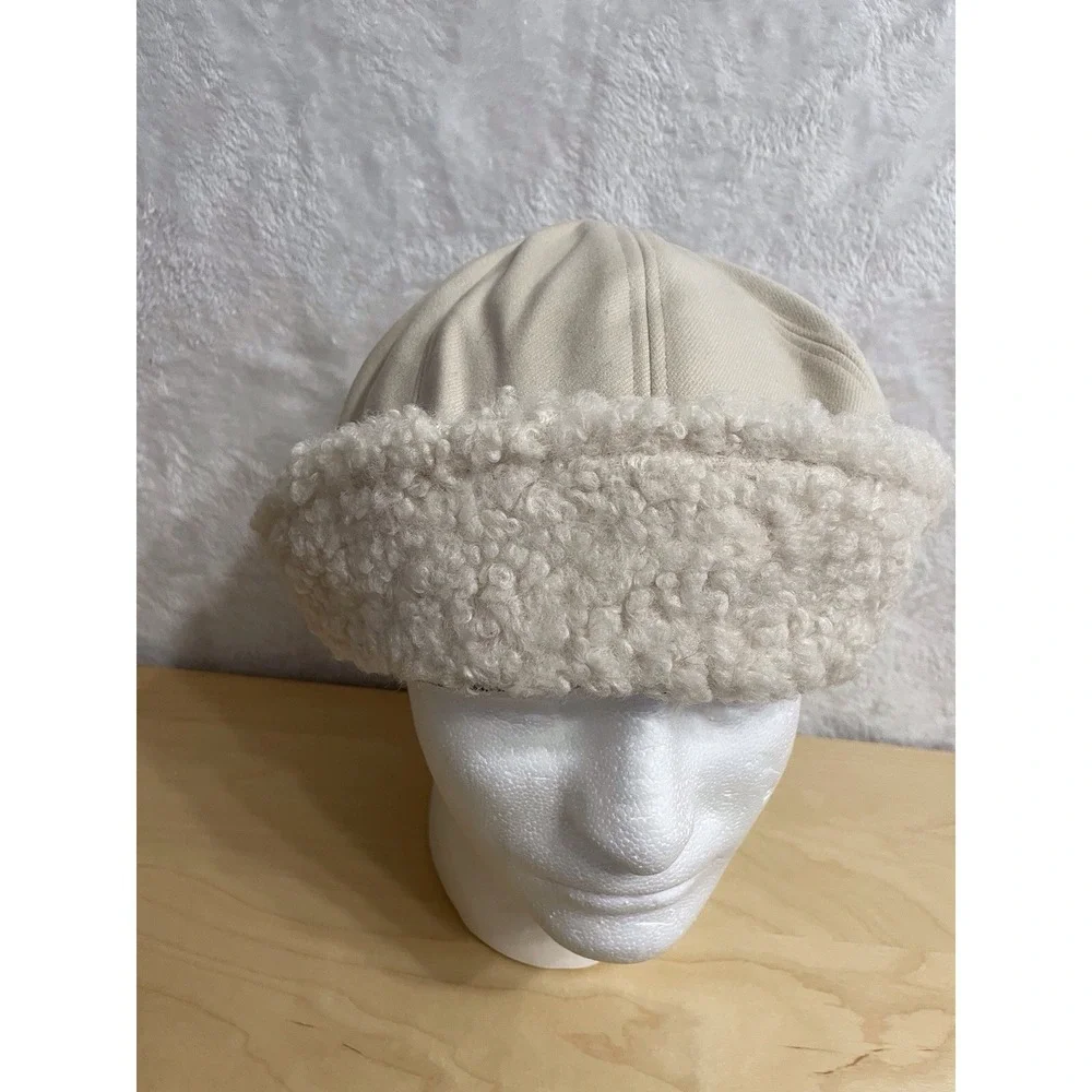 Cream Sherpa Fleece Lined Winter Beanie Hat Unisex Cold Weather Cap